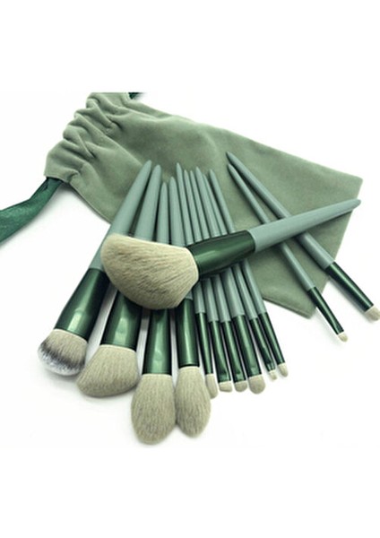 13'lü Makyaj Fırça Seti Özel Keseli Yeşil Renk Profesyonel Kullanım İçin