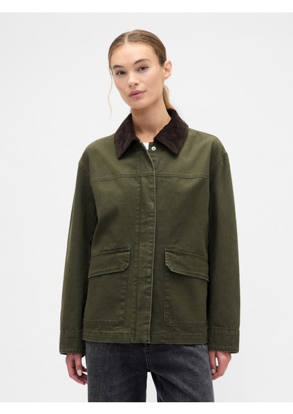 Kadın Koyu Yeşil Relaxed Canvas Barn Ceket