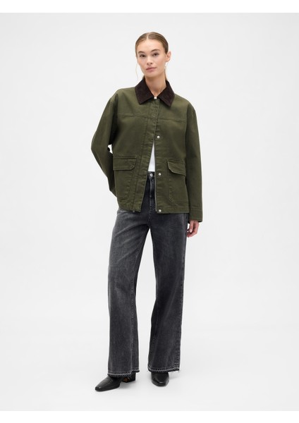 Kadın Koyu Yeşil Relaxed Canvas Barn Ceket fırsatları