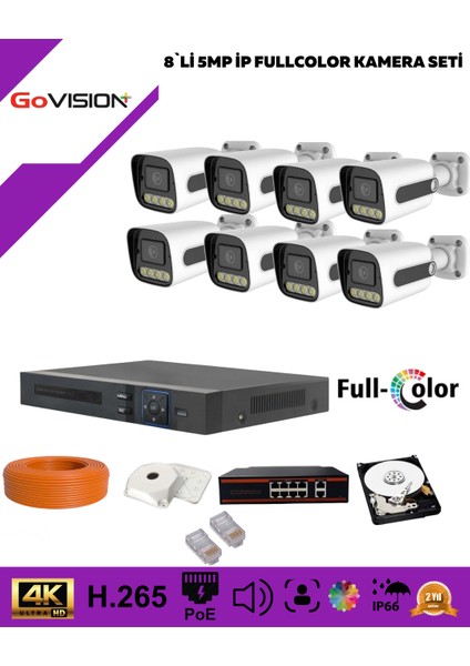 Govision Go Vision 8'li Güvenlik Ip Kamera Seti - 5mp Dış Mekan Kamera, 3.6mm Lens, H.265, Poe, Warm LED Gece Görüşlü