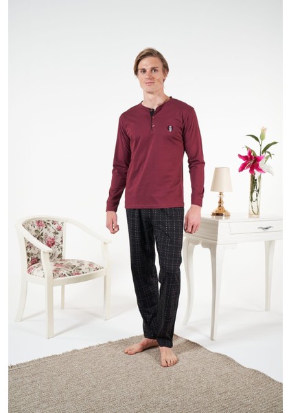 Erkek Bordo Altı Ekose Penye Pijama Takımı - 25412R