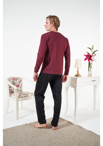 Erkek Bordo Altı Ekose Penye Pijama Takımı - 25412R fiyatları
