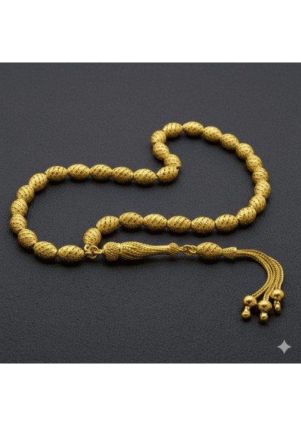 Üçlü Kamçı Püsküllü Helezon Detaylı Telkari Tasarım Arpa Kesim Altın Renk 925 Ayar Gümüş Tesbih modelleri