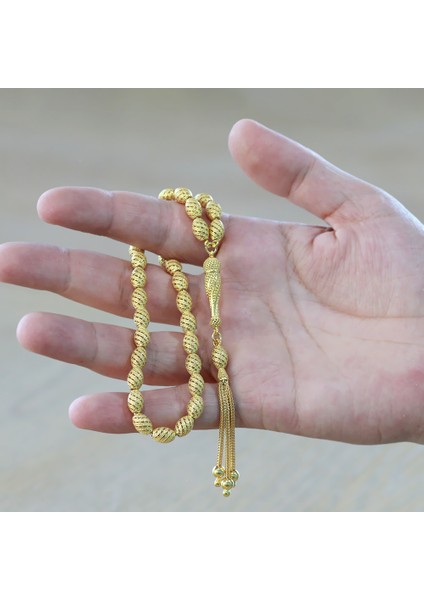 Üçlü Kamçı Püsküllü Helezon Detaylı Telkari Tasarım Arpa Kesim Altın Renk 925 Ayar Gümüş Tesbih fırsatları