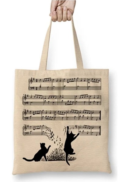 Yaramaz Komik Müzik Notalı Kedi Cat Beyaz Bez Çanta Uzun Saplı Alışveriş Çantası Plaj Çantası