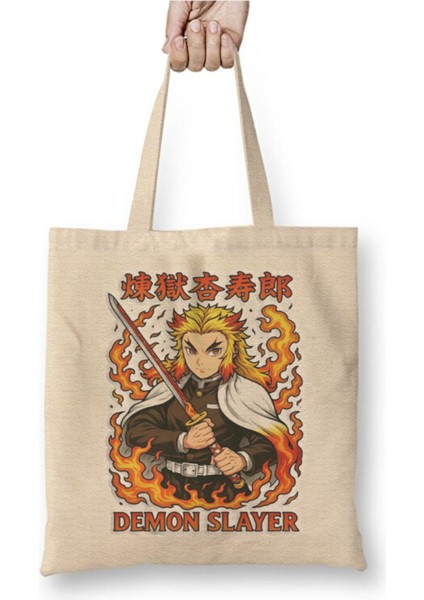 Kyojuro Rengoku Demon Slayer Iblis Keser Bez Çanta Uzun Saplı Alışveriş Çantası Plaj Çantası