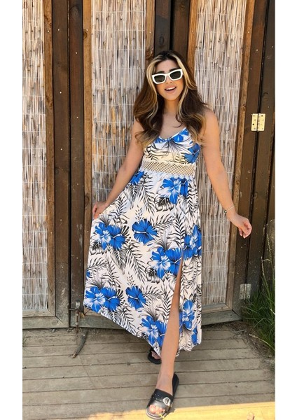 Kadın Ip Askılı V Yakalı Bel Güpür Çiçek Desenli Yandan Yırtmaçlı Maksi Süprem Elbise