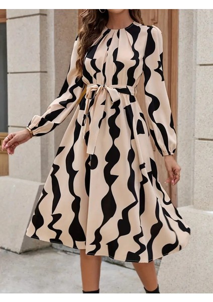 Kadın Uzun Kollu Bisiklet Yaka Belden Bağlamalı Desenli Belden Kuşaklı Mikro Süprem Midi Elbise fiyatları