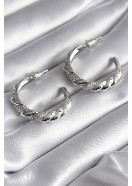 Pirinç Gümüş Renk Zirkon Taşlı Sarmal Model Kadın Küpe - Lisinya fiyatları