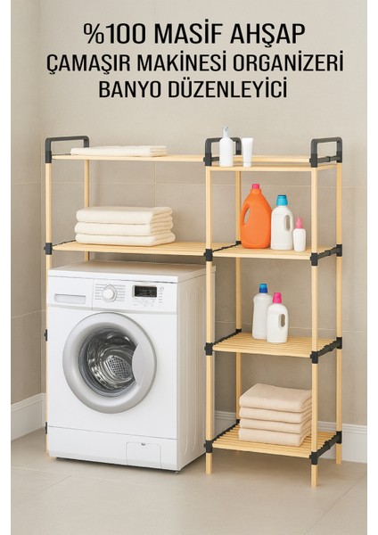 NC02 Ahşap Çamaşır Makinesi Organizer Banyo Düzenleyici Raf Masif Çam Ahşap