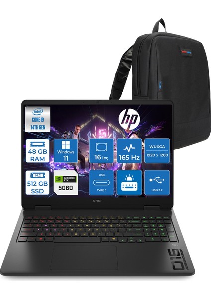 Omen 16-AM0007NT Intel Core I9 14900HX 48GB Ddr5 512GB SSD RTX5060 8gb Gddr7 Windows 11 Home 16 Inç IPS WUXGA(1920X1200) 165Hz 3ms 400NITS 100%SRGB Taşınabilir Bilgisayar WBQ3Q8EAH25 + Zetta Çanta