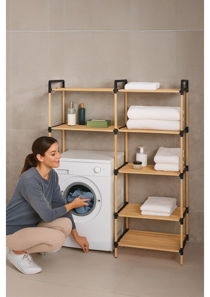 NC02 Ahşap Çamaşır Makinesi Organizer Banyo Düzenleyici Raf Masif Çam Ahşap