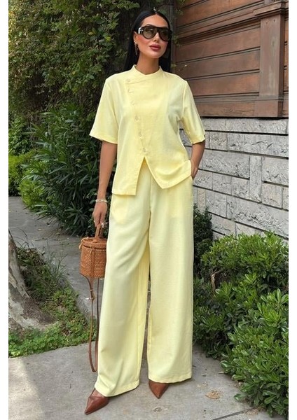 Hakim Yaka Çapraz Düğmeli Plazzo Pantolon Viscon Keten Takım 10209