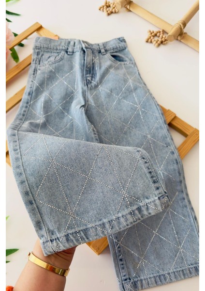 Kare Taş Detaylı Kız Çocuk Yumuşak kot pantolon - Mavi modelleri