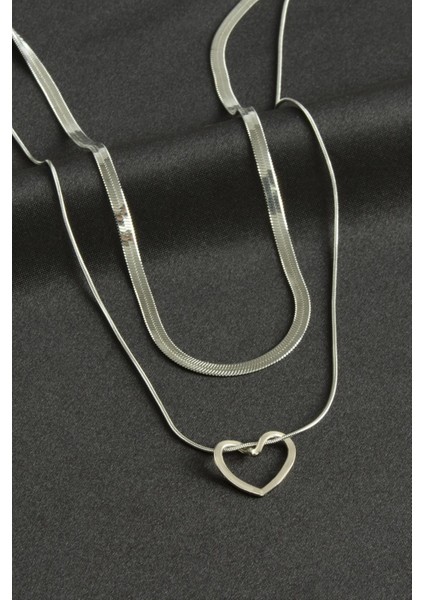 Kalp Italyan Zincirli Ikili Çelik Kolye