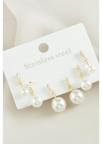 6 Adet Zirkon Taşlı Inci Çelik Küpe