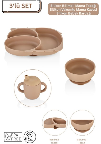 3'lü Silikon Bebek Beslenme Seti / Bölmeli Mama Tabağı / Mama Kasesi / Bebek Bardağı- Moka