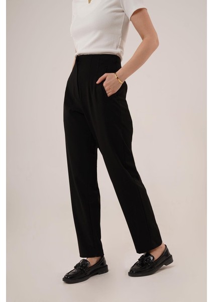 Çift Pens Detaylı Siyah Pantolon