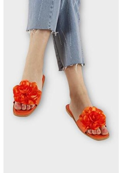 Kadın Gül Çicekli Hediyelik Bohçalık Çeyizlik Terlik TURUNCU
