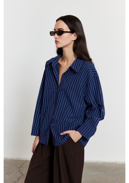Çizgili Oversize Gömlek Lacivert