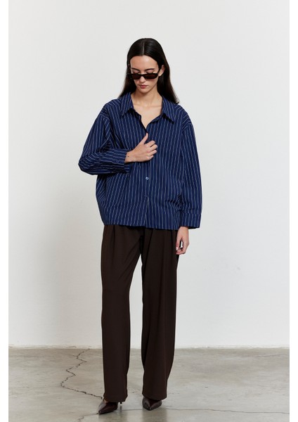 Çizgili Oversize Gömlek Lacivert fiyatları