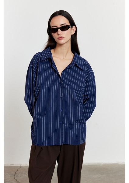 Çizgili Oversize Gömlek Lacivert modelleri