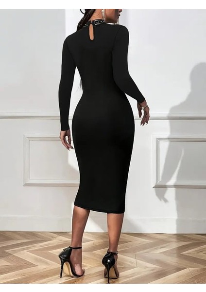 Kadın Uzun Kollu Balıkçı Yaka Taşlı Damla Detay Midi Ithal Krep Elbise modelleri