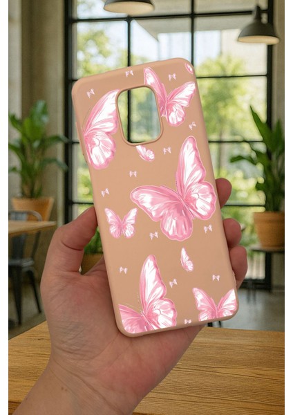 Redmi Note 9 Pro/9s Uyumlu Pembe Kelebek Desenli Silikon Darbe Emici Klasik Korumalı Rubber Kılıf
