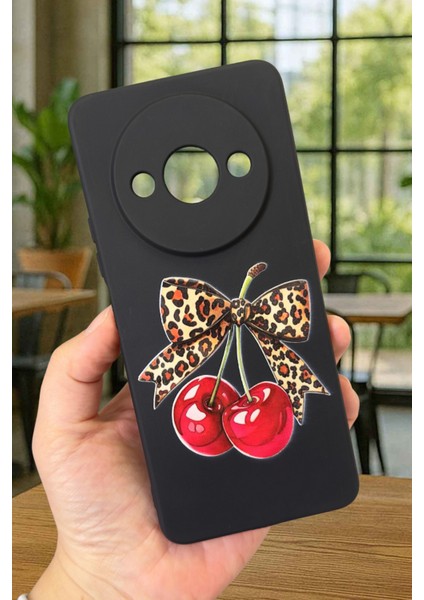 Xiaomi Redmi A3 Uyumlu Kiraz Leopar Fiyonk Desenli Silikon Darbe Emici Klasik Rubber Kılıf