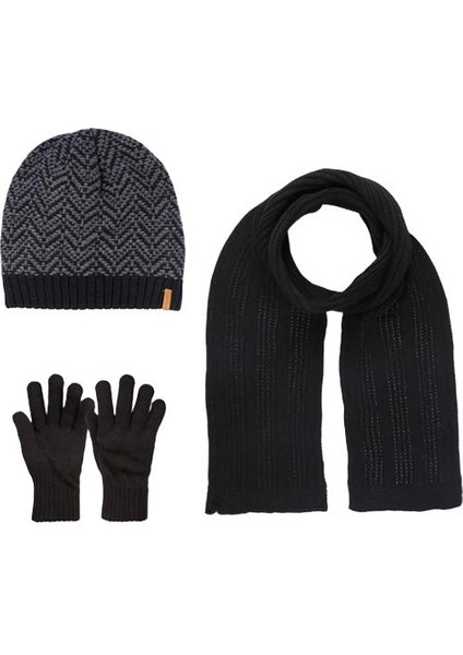 Erkek Örgü Bere Atkı Eldiven 3'lü Takım Siyah-Gri
