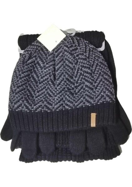 Erkek Örgü Bere Atkı Eldiven 3'lü Takım Siyah-Gri fiyatları