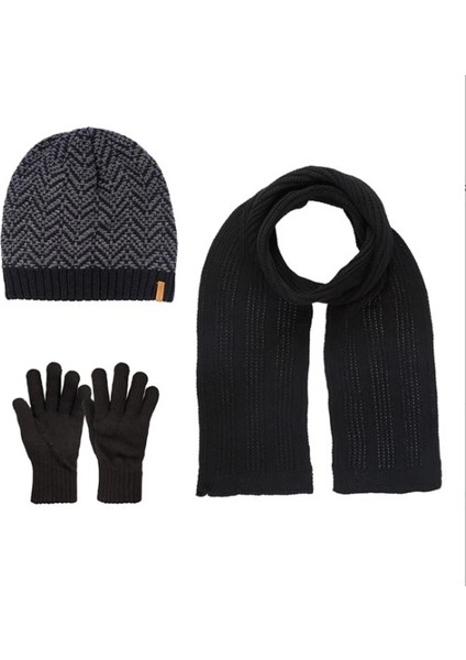 Erkek Örgü Bere Atkı Eldiven 3'lü Takım Siyah-Gri modelleri