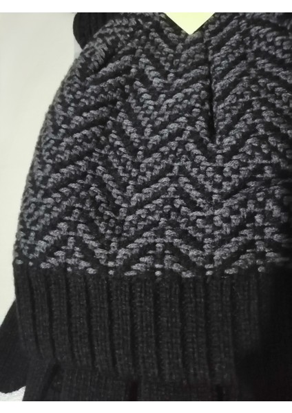 Erkek Örgü Bere Atkı Eldiven 3'lü Takım Siyah-Gri fırsatları