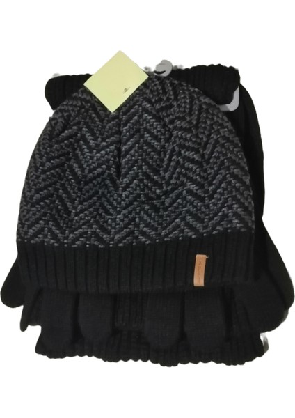 Erkek Örgü Bere Atkı Eldiven 3'lü Takım Siyah-Gri indirimleri