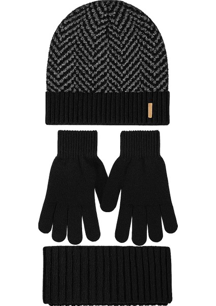 Erkek Örgü Bere Atkı Eldiven 3'lü Takım Siyah-Gri