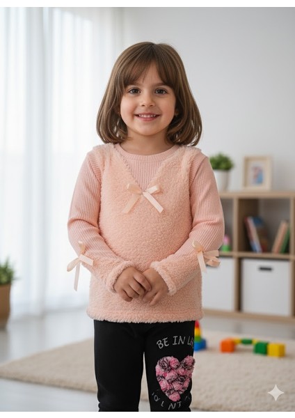 kışlık Fuzzy/peluş Gövdeli Fitilli Kollu Süveter Görünümlü Kız Çocuk Sweat Bluz