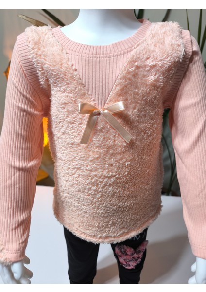 kışlık Fuzzy/peluş Gövdeli Fitilli Kollu Süveter Görünümlü Kız Çocuk Sweat Bluz