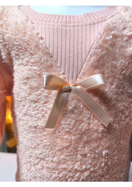 kışlık Fuzzy/peluş Gövdeli Fitilli Kollu Süveter Görünümlü Kız Çocuk Sweat Bluz