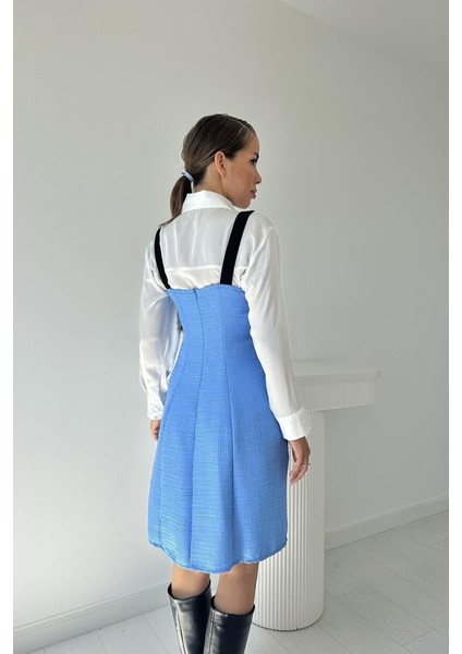 Mavi Siyah Süs Cepli Askılı Elbise