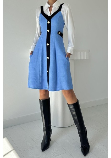 Mavi Siyah Süs Cepli Askılı Elbise fırsatları