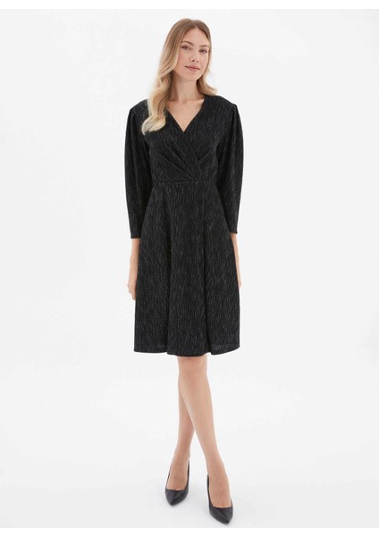 Kruvaze Yaka Simli Siyah Standart Kadın Elbise 25KSL7717
