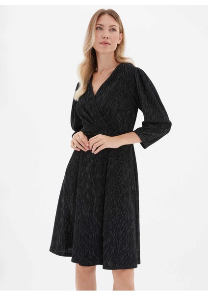 Kruvaze Yaka Simli Siyah Standart Kadın Elbise 25KSL7717 fiyatları