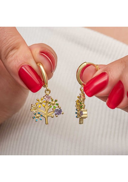 Gümüş Gold Renkli Taşlı Hayat Ağacı Kadın Küpe indirimleri