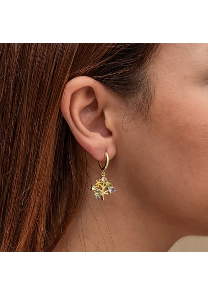 Gümüş Gold Renkli Taşlı Hayat Ağacı Kadın Küpe