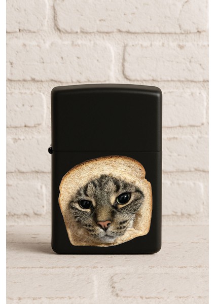 Uv Baskılı Desenli Metal Benzinli Siyah Çakmak Cep Çakmağı - Tost Kedi