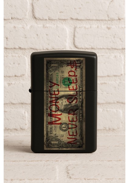 Uv Baskılı Desenli Metal Benzinli Siyah Çakmak Cep Çakmağı - Never Sleep