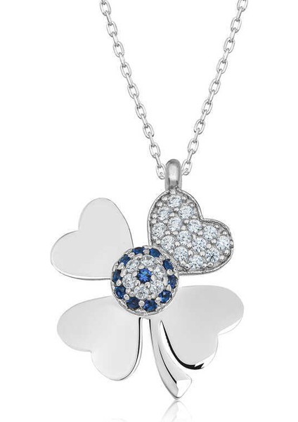 Gümüş Nazarlı Dört Yapraklı Yonca Kadın Kolye