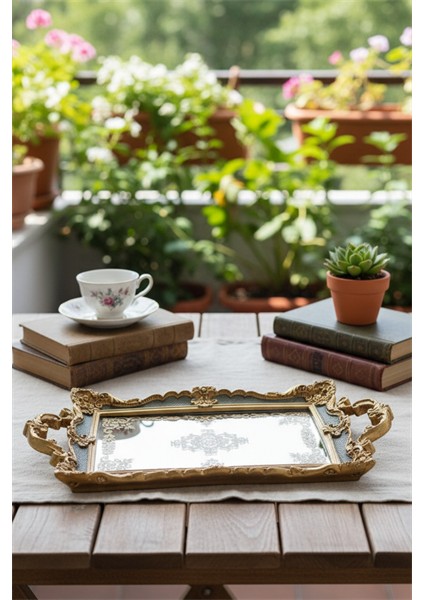 Şık Hediyelik Oymalı Sunum Aynalı Klasik Tepsi