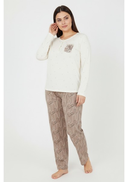 Üstü Puanlı Altı Çizgi Desenli Elite Viscose Uzun Büyük Beden Pijama Takımı Ekru 3585