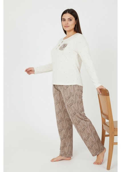Üstü Puanlı Altı Çizgi Desenli Elite Viscose Uzun Büyük Beden Pijama Takımı Ekru 3585 fiyatları